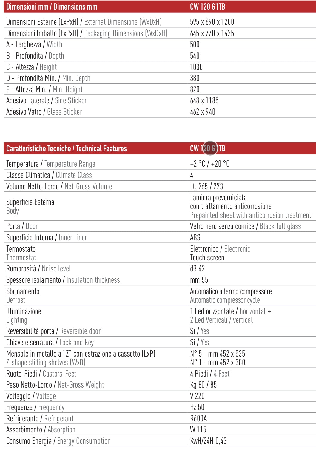 CW 120 frigo vini ventilato C +2°/+20° G 1 TB