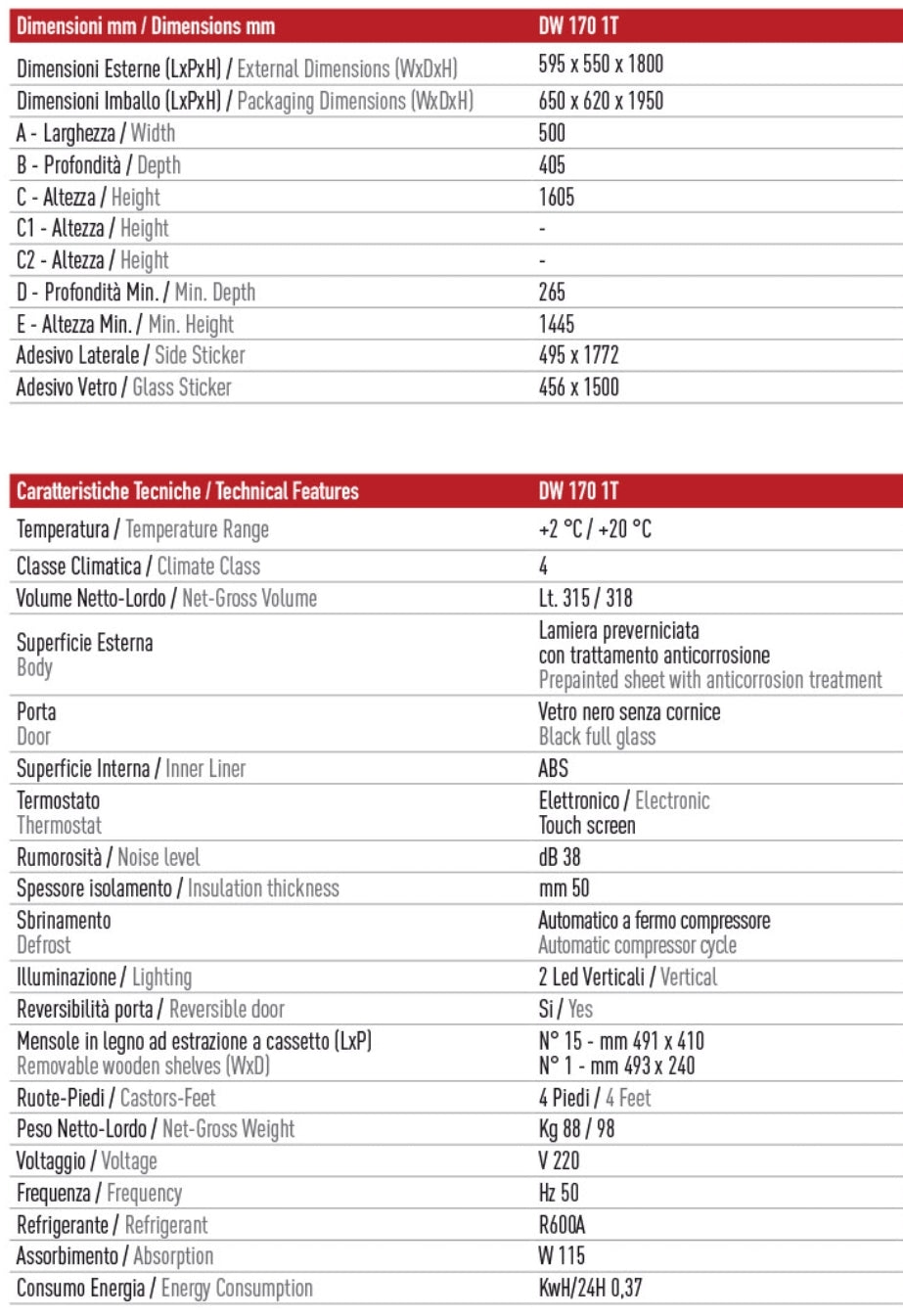 DW 170 T1 Frigo vini ventilato +2°/+20° 315 LT